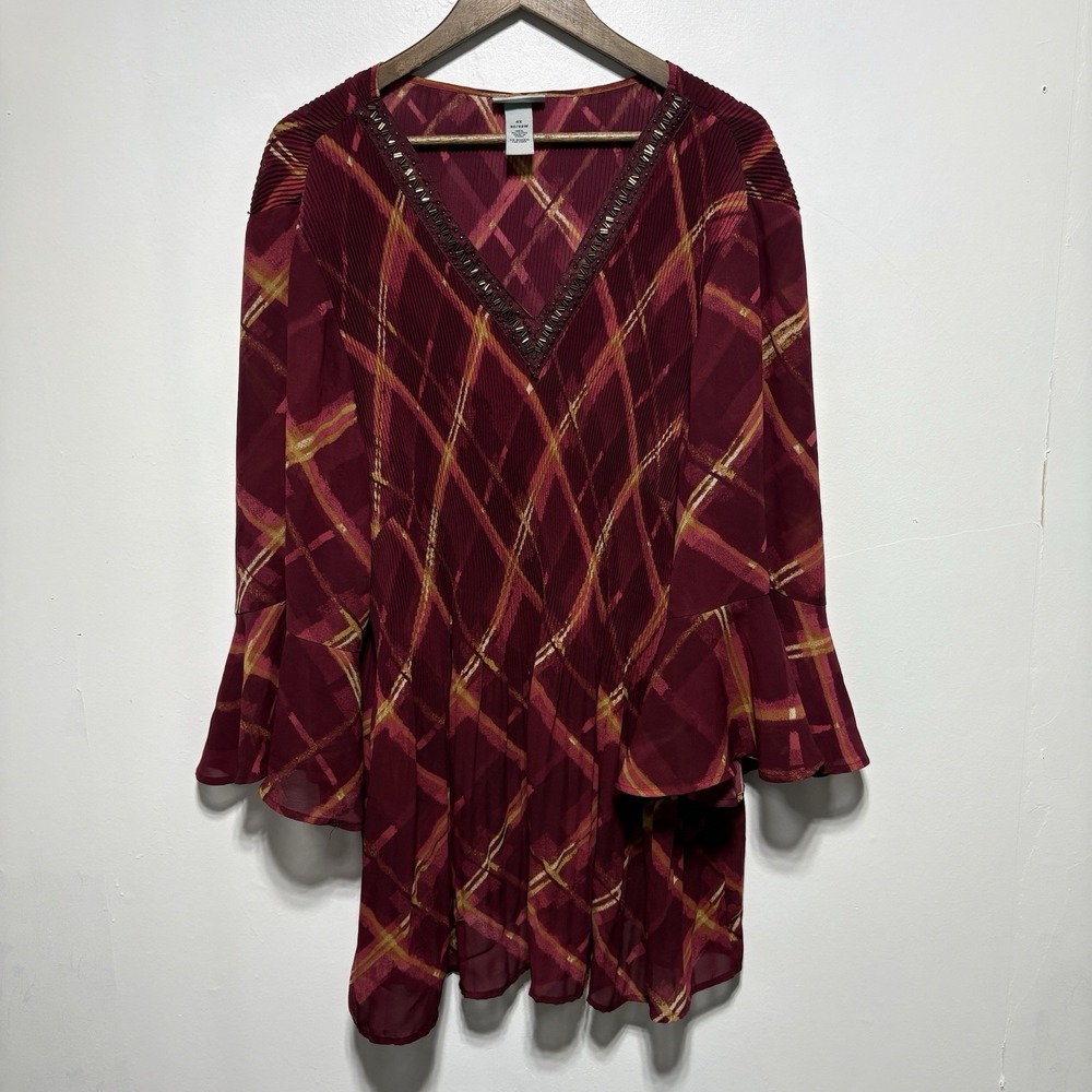 Catherines Blouse Womens 4X Red Beaded Crinkle Texture Flare Sleeve Tunic